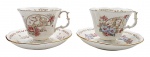 ROYAL ALBERT BONE CHINA, ENGLAND, ZODIAC SERIES - Par de xícaras com seus respectivos pires, em porcelana inglesa decorada com temas do zodíaco, coloridos motivos florais e filetes em dourado. Medidas: 14 x 10 cm.