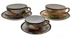 02 xícaras de chá e 01 xícara de café, com seus respectivos pires; xícaras com gueixa no fundo; em colorida porcelana japonesa casca de ovo com detalhes em dourado e diferentes padrões decorativos. Medidas: 13 x 6 cm; 10 x 5 cm. Uma das xícaras de chá com ínfimo bicado na borda.