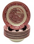 BARRATTS, MADE IN ENGLAND - Parte de serviço de jantar com 08 bowls em porcelana inglesa, adornados na cor magenta com motivos florais e vegetalistas na borda, e cenário tipicamente inglês em sua galeria central. Medidas:17 x 5 cm. Com craquelados superficiais; dois bowls com ínfimas manchas.