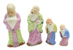 04 bibelôs com a representação de sábios chineses, sendo dois maiores e dois menores. Em porcelana multicolorida. Medidas: 16 x 7 cm; 10 x 4 cm; 8 x 3 cm.