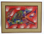 CHICO DA SILVA (1910-1985) - Quadro, ano 1973, OST, assinado no centro inferior, representando dois peixes, o maior engolindo o menor. Sua obra recebeu destaque recentemente nas exposições em Nova Iorque e na Pinacoteca de São Paulo em 2023, lançando luz sobre a beleza da obra deste artista que em suas criações aborda figuras fantásticas e seres mitológicos de forma livre e colorida. Moldura em madeira com paspatur em tecido. Medidas com moldura: 86 x 66 cm; Medidas sem moldura: 68 x 48 cm. Pintura com desgaste nas extremidades. Moldura com ínfimo desgaste no verso.