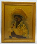 NEMETH - Quadro, OSE, assinado, CID, com a representação de um jovem, com chapéu de abas largas, cigarro na boca e segurando um feixe de papéis. Moldura em madeira patinada de amarelo. Medidas com moldura: 66 x 77 cm; Medidas sem moldura: 52 x 64 cm.