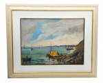 RODRIGUES SANTOS - Quadro, OST, assinado, CID, representando paisagem marinha com barcos de pesca. Moldura em madeira. Medidas com moldura: 106 x 86 cm; Medidas sem moldura: 71 x 54 cm. Envio somente por transportadora. Retirada na Rua Citiso.