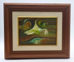 LEDA LÚCIA - Quadro, OST, assinado, CID, representando arte abstrata. Moldura em madeira. Medidas com moldura: 56 x 47 cm; Medidas sem moldura: 32 x 24 cm.