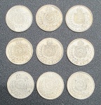 NUMISMÁTICA - RÉIS - MOEDAS DE PRATA, 23g - Lote com 09 moedas de 200 Réis de 1868, pesando juntas 23g.