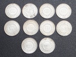 NUMISMÁTICA - RÉIS - MOEDAS DE PRATA, 25g - Lote com 10 moedas de 200 Réis de 1856 e 1865, pesando juntas 25g.