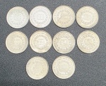 NUMISMÁTICA - RÉIS - MOEDAS DE PRATA, 25g - Lote com 10 moedas de 200 Réis de 1855 e 1863, pesando juntas 25g.