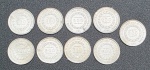 NUMISMÁTICA - RÉIS - MOEDAS DE PRATA, 23g - Lote com 10 moedas de 200 Réis de 1854 e 1860, pesando juntas 23g.