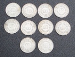 NUMISMÁTICA - RÉIS - MOEDAS DE PRATA, 25g - Lote com 10 moedas de 200 Réis de 1864 e 1867, pesando juntas 25g.