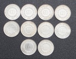 NUMISMÁTICA - RÉIS - MOEDAS DE PRATA, 25g - Lote com 10 moedas de 200 Réis de 1857, 1861,1864 e 1859, pesando juntas 25g.