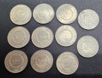 NUMISMÁTICA - RÉIS - MOEDAS DE PRATA, 28g - Lote com 11 moedas de 200 Réis de 1861, 1854,1866, 1855, 1858 e 1859, pesando juntas 28g.