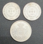 NUMISMÁTICA - RÉIS - MOEDAS DE PRATA, 25g - Lote com 03 moedas de 500 Réis de 1851 e 1906, pesando juntas 25g.