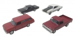 MAISTO - CHEVROLET VERANEIO, CHEVROLET OPALA SS, FORD F-100 e FORD GALAXIE - Lote com 4 miniaturas em metal com partes plásticas, rodas livres e pneus de borracha. Escala 1:43. Podem conter pequenas marcas.