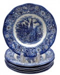 LIBERTY BLUE, HISTORIC COLONIAL SCENES, MADE IN ENGLAND - Parte do serviço de jantar com 06 pratos fundos em porcelana inglesa, adornados em azul cobalto com motivos florais e vegetalistas na borda, e cenário com a Igreja "Old North Church", nos EUA. Medidas:  22 cm (diâm.).