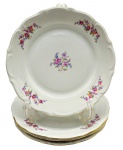 C.T. TIELSCH WABRZYCH, MADE IN POLAND - Parte de serviço de jantar com 04 pratos rasos, adornados com coloridos buquês florais e filete dourado na borda. Em porcelana polonesa. Medidas: 23 cm (diâm.).