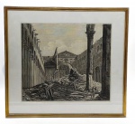 LUIGI ROSSINI (1790-1857) - Quadro, peça gráfica, assinado, CIE, representando a terceira perspectiva extramuros das ruínas da Grande Basílica de São Paulo, principalmente do muro da grande nave central, quase inteiramente destruído pelas chamas do incêndio ocorrido em 15 de julho de 1823, em Roma. Peça gráfica obtida a partir da obra matriz do artista italiano. Moldura em madeira com paspatur e frontal de vidro. Medidas com moldura: 77 x 70 cm; Medidas sem moldura: 56 x 52 cm.