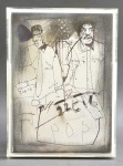 VINICIO HORTA, RIO DE JANEIRO - Quadro, ano 2008, nanquim sobre tela, assinado no verso, representando arte figurativa contemporânea monocromática com figuras antropomórficas. Moldura em caixa de acrílico protegendo o chassi. Vinicio Horta é um artista brasileiro que vive entre Londres e o Rio de Janeiro. Mestre no desenho e no uso intenso da cor, sua arte funciona como uma poesia visual. Com excepcional habilidade, ele explora as contradições humanas  equilibrando agressividade e ternura, beleza e imperfeição  para criar obras líricas de profunda sensibilidade. Medidas: 17,5 x 23,5 cm.