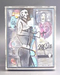 VINICIO HORTA, RIO DE JANEIRO - Quadro, ano 2010, acrílico e nanquim sobre tela, assinado, CIE, representando colorida arte figurativa contemporânea com figuras antropomórficas. Moldura em caixa de acrílico protegendo o chassi. Vinicio Horta é um artista brasileiro que vive entre Londres e o Rio de Janeiro. Mestre no desenho e no uso intenso da cor, sua arte funciona como uma poesia visual. Com excepcional habilidade, ele explora as contradições humanas  equilibrando agressividade e ternura, beleza e imperfeição  para criar obras líricas de profunda sensibilidade. Medidas: 21 x 26 cm.