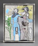 VINICIO HORTA, RIO DE JANEIRO - Quadro, ano 2009, acrílico e nanquim sobre tela, assinado no canto central esquerdo, representando colorida arte figurativa contemporânea com figuras antropomórficas. Moldura em caixa de acrílico protegendo o chassi. Vinicio Horta é um artista brasileiro que vive entre Londres e o Rio de Janeiro. Mestre no desenho e no uso intenso da cor, sua arte funciona como uma poesia visual. Com excepcional habilidade, ele explora as contradições humanas  equilibrando agressividade e ternura, beleza e imperfeição  para criar obras líricas de profunda sensibilidade. Medidas: 21 x 26 cm.
