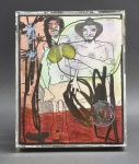 VINICIO HORTA, RIO DE JANEIRO - Quadro, ano 2010, acrílico e nanquim sobre tela, assinado no canto central esquerdo, representando colorida arte figurativa contemporânea com figuras antropomórficas. Moldura em caixa de acrílico protegendo o chassi. Vinicio Horta é um artista brasileiro que vive entre Londres e o Rio de Janeiro. Mestre no desenho e no uso intenso da cor, sua arte funciona como uma poesia visual. Com excepcional habilidade, ele explora as contradições humanas  equilibrando agressividade e ternura, beleza e imperfeição  para criar obras líricas de profunda sensibilidade. Medidas: 21 x 26 cm.