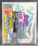 VINICIO HORTA, LONDON - Quadro, ano 2010, acrílico e nanquim sobre tela, assinado no verso, representando colorida arte figurativa contemporânea com figuras antropomórficas e elementos geométricos. Moldura em caixa de acrílico protegendo o chassi. Vinicio Horta é um artista brasileiro que vive entre Londres e o Rio de Janeiro. Mestre no desenho e no uso intenso da cor, sua arte funciona como uma poesia visual. Com excepcional habilidade, ele explora as contradições humanas  equilibrando agressividade e ternura, beleza e imperfeição  para criar obras líricas de profunda sensibilidade. Medidas: 26 x 31,5 cm.