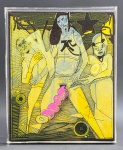VINICIO HORTA, LONDON - Quadro, ano 2010, acrílico e nanquim sobre tela, assinado no verso, representando colorida arte figurativa contemporânea com três figuras antropomórficas. Moldura em caixa de acrílico protegendo o chassi. Vinicio Horta é um artista brasileiro que vive entre Londres e o Rio de Janeiro. Mestre no desenho e no uso intenso da cor, sua arte funciona como uma poesia visual. Com excepcional habilidade, ele explora as contradições humanas  equilibrando agressividade e ternura, beleza e imperfeição  para criar obras líricas de profunda sensibilidade. Medidas: 26 x 31,5 cm.