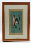 JOSÉ CORBINIANO LINS - CORBINIANO (1924-2018) - Quadro, gravura sobre cartão, assinado, CID, representando arte abstrata com uma figura feminina e um gato. Moldura em madeira com paspatur e frontal de vidro. Medidas com moldura: 44 x 61 cm; Medidas sem moldura: 23 x 40 cm.