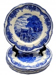 GRINDLEY ENGLAND, SCENES AFTER CONSTABLE - Parte de antigo serviço de jantar, anos 1936 a 1954, com 06 pratos de sobremesa em porcelana inglesa decorada em azul cobalto com paisagens rurais inspiradas nas pinturas do famoso artista britânico John Constable. Medidas: 17,5 cm (diâm.).