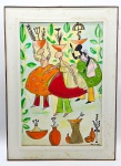 RAUL GIOVANNI DA MOTTA LODY - RAUL G. M. LODY (1952) - Quadro, OST, assinado, CID, representando figuras femininas em rito religioso de matriz africana; moldura em madeira. Raul Lody é um renomado antropólogo, museólogo e artista plástico brasileiro, que produziu ao longo de sua carreira diversos desenhos, ilustrações e pinturas ligados à cultura e à iconografia popular brasileiras, com especial destaque para as religiões afro-brasileiras. Medidas com moldura: 71 x 99 cm; Medidas sem moldura: 52 x 79 cm. Moldura com manchas e com ínfimos desgastes.