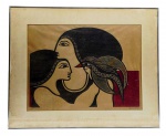 SANDRA SANTOS, RIO - Quadro, Xilogravura, Ano 1978, Tiragem: 1/30; assinado, CID, representando faces femininas e uma ave; moldura em metal com paspatur e frontal de vidro. Medidas com moldura: 72 x 89 cm; Medidas sem moldura: 65 x 48 cm. Paspatur com manchas.