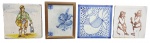 Conjunto com 04 diferentes e antigos azulejos, três de origem portuguesa, sendo um em cerâmica Flow Blue (Azul Fuido) com moldura em madeira, um com galo e pontilhados em azul com inscrição Carmo Saúde e um representando um vendedor ambulante em trajes típicos portugueses; e o último em cerâmica brasileira representando arte erótica com duas figuras masculinas. Em cerâmica esmaltada. Medidas: 16 x 12 cm; 15 x 15 cm; 14,5 cm x 14,5 cm. Três azulejos com ínfimos desgastes e bicados.