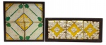 02 painéis emoldurados com antigos e diferentes azulejos de estética clássica portuguesa, sendo: um com três azulejos com relevo floral e fundo amarelo, provavelmente da Fábrica de Massarelos; e um com quatro azulejos policromados, adornados com motivos vegetalistas e geométricos simétricos. Em cerâmica esmaltada. Medidas: 42 x 18 cm; 29 x 29 cm. Azulejos com desgaste natural nas bordas e pequenas fissuras no esmalte condizentes com peças antigas; molduras com desgastes.