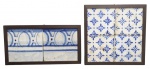 02 painéis emoldurados com antigos e diferentes azulejos de estética clássica portuguesa, adornados com elementos geométricos e motivos florais simétricos em tons azuis; um painel com dois azulejos e o outro com quatro azulejos; em cerâmica esmaltada; Medidas: 24 x 24 cm; 30 x 16 cm. Azulejos com desgaste natural nas bordas e pequenas fissuras no esmalte condizentes com peças antigas; molduras com desgastes.