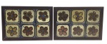 Par de painéis emoldurados com seis azulejos de temática floral policromada; em cerâmica esmaltada. Medidas: 38 x 26,5 cm.