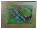 CHICO DA SILVA (1910-1985) - Quadro do renomado Chico da Silva, Guache sobre Cartão, assinado no canto inferior direito, ano não informado na peça, medidas: com moldura: 90 x 70 cm; Medidas sem moldura: 68 x 49 cm. Representando peixe da clássica iconografia de seres mitológicos e do "bestiário tropical", caracterizada pela representação de peixes fantásticos com traços fortes, cores extremamente vibrantes e um preenchimento rico em texturas pontilhadas e linhas detalhadas. Sua obra recebeu destaque recentemente nas exposições em Nova Iorque e na Pinacoteca de São Paulo em 2023, lançando luz sobre a beleza da obra deste artista. Moldura em madeira patinada de dourado.