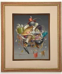Na corda bamba Óleo sobre tela, Surrealismo  Registro no verso 451990Tela 40x50 cm  emoldurado.Pintor e desenhista, nasceu em Piraju, SP em 1935 e faleceu em São Paulo em 1991. Surrealismo ou realismo fantástico? Sua obra, altamente original, agradou até os críticos dessas duas escolas e tornou-se conhecida em grande parte do Brasil na década de 80, sendo também exibida por diversas vezes na Europa em exposições individuais. São muito escassas as revendas das suas obras pois a produção era requintada e demorada e vários colecionadores exerceram uma procura constante do seu trabalho, que era cada vez mais sofisticado, tendo seu auge na década de 80.