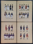 gravura - lote de 4 prancha com ilustrações de Jose Whasht Rodrigues impressas em preto e colorizadas a mão - pertencente ao livro Uniformes do Exército Brasileiro - 1922 - papel amarelado com pequenas marcas do tempo - (31X23,5)cm.