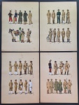 gravura - lote de 4 prancha com ilustrações de Jose Whasht Rodrigues impressas em preto e colorizadas a mão - pertencente ao livro Uniformes do Exército Brasileiro - 1922 - papel amarelado com pequenas marcas do tempo - (31X23,5)cm.