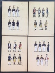gravura - lote de 4 prancha com ilustrações de Jose Whasht Rodrigues impressas em preto e colorizadas a mão - pertencente ao livro Uniformes do Exército Brasileiro - 1922 - papel amarelado com pequenas marcas do tempo - (31X23,5)cm.
