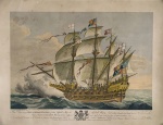 gravura - This Print being the Exact Representation of that Capital Ship the Great Harry built at His Majestys Dock Yard at Woolwich - publishd May. 14. 1756 - Drawn from na original of Hans Holbein, by T. Allen - Engravid by P. C. Canot - gravura aquarelada - imagem (43,5X63) cm - com as margens (57X75) cm. - papel levemente amarelado com manchas de oxidação.