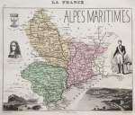 gravura - La France - Alpes Maritimes - gravé par Ch. Smith - dressé par A. Vuillemin - ecrit par J. Bénard - inclui vistas de Monaco e Nice - este mapa pertence a obra La France et ses Colonies - de 1869 - mapa colorido ilustrado com vinhetas de cenas locais, brasões de armas e personagens - papel levemente amarelado com marcas do tempo - imagem (17,5x22)cm. - folha (26,5x35,5)cm.