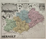 gravura - La France - Hérault - gravé par Alès - dressé par A. Vuillemin - ecrit par Isidore - este mapa pertence a obra `La France et ses Colonies - de 1869` -  mapa colorido ilustrado com vinhetas de cenas locais, brasões de armas e personagens - papel levemente amarelado com marcas do tempo - imagem (17,5x22)cm. - folha (26,5x35,5)cm.
