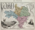 gravura - La France - Grad - gravé par Alès - dressé par A. Vuillemin - ecrit par Isidore - este mapa pertence a obra `La France et ses Colonies - de 1869` -  mapa colorido ilustrado com vinhetas de cenas locais, brasões de armas e personagens - papel levemente amarelado com marcas do tempo - imagem (17,5x22)cm. - folha (26,5x35,5)cm.