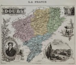 gravura - La France - Doubs - gravé par Ch. Dyonnet  - dressé par A. Vuillemin - les vues par Villerey - este mapa pertence a obra `La France et ses Colonies - de 1869` -  mapa colorido ilustrado com vinhetas de cenas locais, brasões de armas e personagens - papel levemente amarelado com marcas do tempo - imagem (17,5x22)cm. - folha (26,5x35,5)cm.