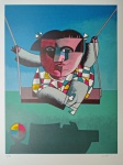Inos Corradin, Menina no Balanço, gravura, tiragem 73/100, 70x50cm, Assinatura Serigrafada, sem moldura