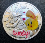 Encarte com Moeda Niue - 1 Dólar 2013 - Km-1263 Proof FC - Prata (.925) - 14,14 g - 32 mm - Série: Personagens de desenho animado -  Tweety.