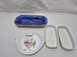 Lote de 4 petisqueiras, sendo 3 em porcelana e 1 em cerâmica. Medindo o maior 23cm x 12,5cm x 3,5cm de altura.