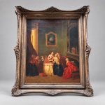 ESCOLA FRANCESA  Pintura executada a óleo sobre tela representando elegante cena de toilette em interior aristocrático, com figuras femininas reunidas ao redor de uma mesa, entre espelho, tecidos, objetos de uso pessoal e elementos decorativos.Medindo 100 x 80 cm, conforme anotação existente no chassi.A composição apresenta cuidadosa construção narrativa, com tratamento detalhado dos trajes, gestos e elementos do ambiente, desenvolvida em paleta de verdes profundos, vermelhos, azuis e tonalidades douradas.Na face frontal da pintura, consta a inscrição LA TOILETTE / DAPRES PATER XVIII / MUSEE DU LOUVRE PARIS, registrando a referência iconográfica utilizada na composição, sem constituir atribuição de autoria.O verso apresenta vestígios de antiga etiqueta ou documentação atualmente ausente, permanecendo resíduos de papel e adesivo envelhecido, elementos relevantes para o histórico material da peça.Acondicionada em expressiva moldura de madeira com ornamentos aplicados em relevo, composta por concheados, volutas, flores e folhagens, com acabamento patinado em tonalidade bronzeada. Peça de grande presença decorativa, apresentando sinais compatíveis com idade e uso, incluindo craquelê, escurecimento superficial e pequenas perdas localizadas.