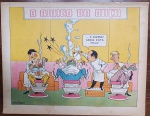Página Original de Charge Vintage - O Amigo da Onça (Péricles) - Temática Barbearia / Toalha QuenteDescrição: Rara e divertida página avulsa original contendo a célebre charge "O Amigo da Onça", criada pelo genial cartunista Péricles de Andrade Maranhão. A cena se passa em uma barbearia retrô, onde o protagonista atua como barbeiro e derrama água fervendo de um bule sobre o rosto de um cliente coberto com uma toalha, disparando a ironia: "- E agora? Ainda está fria?". Item autêntico e genuíno da era de ouro da Revista O Cruzeiro, ideal para colecionadores de quadrinhos nacionais, entusiastas do humor gráfico retrô ou para projetos de enquadramento decorativo de barbearias e ambientes vintage. Produto em papel (não é cópia ou reprodução)