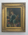 REPRODUÇÃO BASEADA NA PINTURA CONHECIDA COMO "BOY AND HIS PAINTS" (O Menino e Suas Tintas), CRIADA PELO RENOMADO ILUSTRADOR NORTE- AMERICANO GEORGE  MELVIN ERICKSON. OST ,MEDIDAS : 38 CM X 29 CM . MOLDURA EM MADEIRA